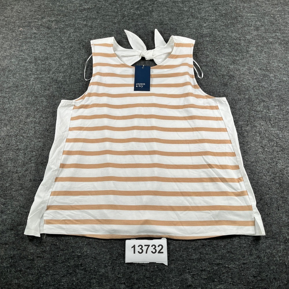 Crown & Ivy Tank Top Womens XL Tan White NEW Striped Tie Back Sleeveless